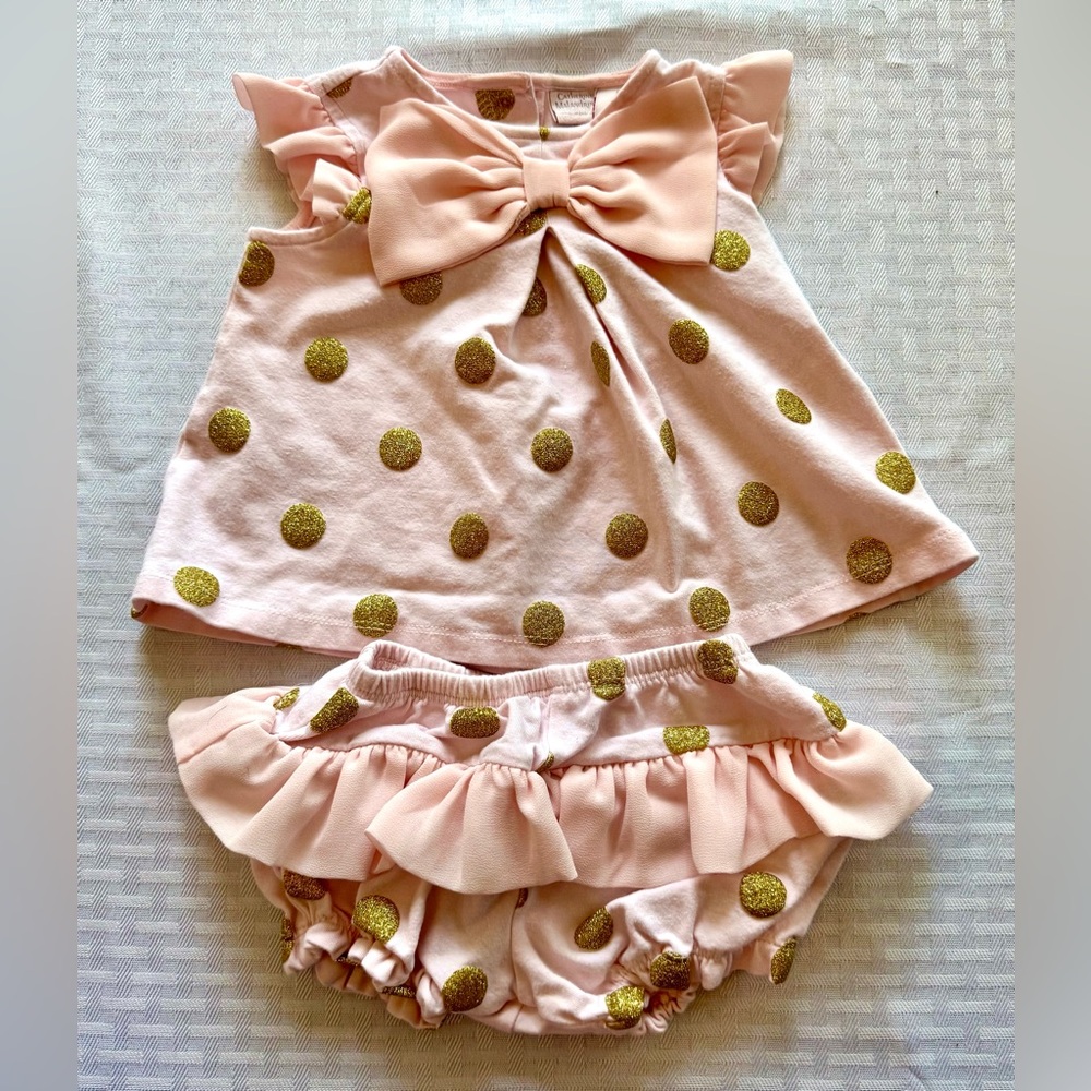 Catherine‎ Malandrino Pink & Gold Dot Baby Outfit Set | 3–6M
